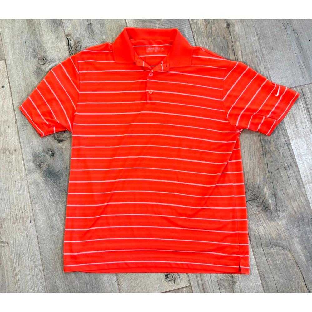 Nike Golf Polo Orange White Striped Dri Fit Mens Medium